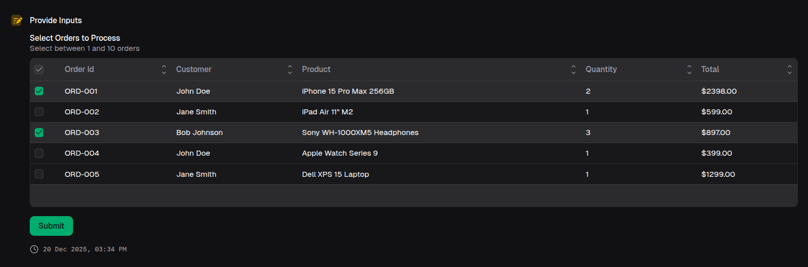 table input multi select